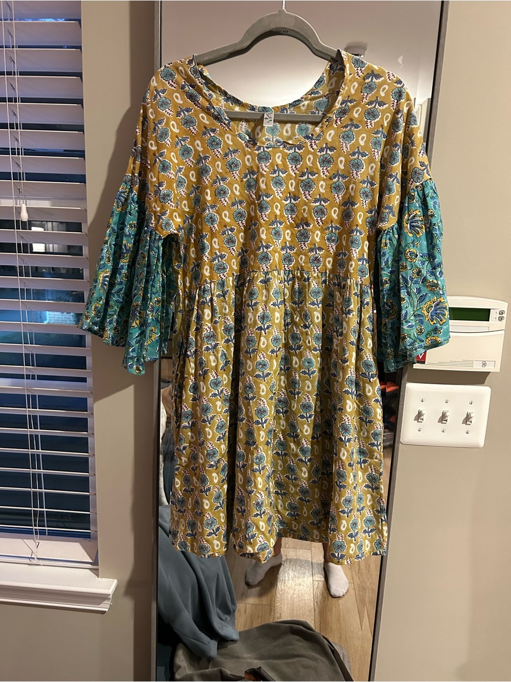 by Monette Boho Block Print Floral Babydoll Mini Dress Mustard Teal Blue Small